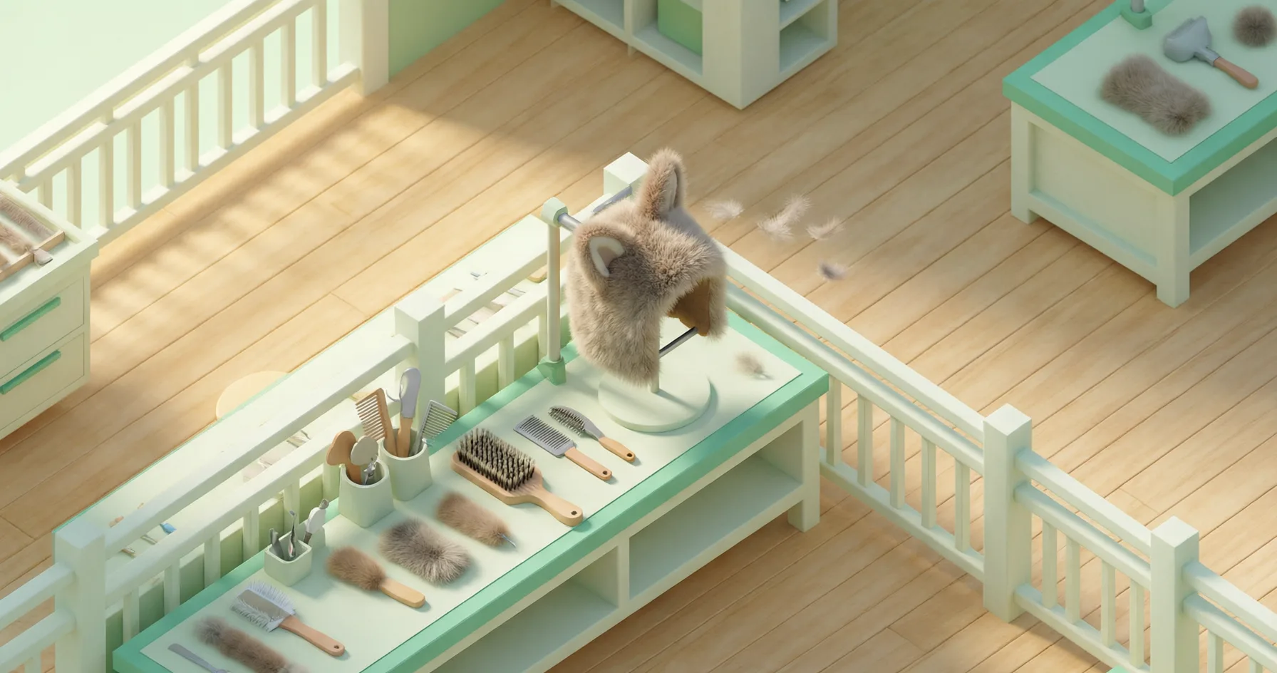 FurCare 整理流程的等距视角工坊场景