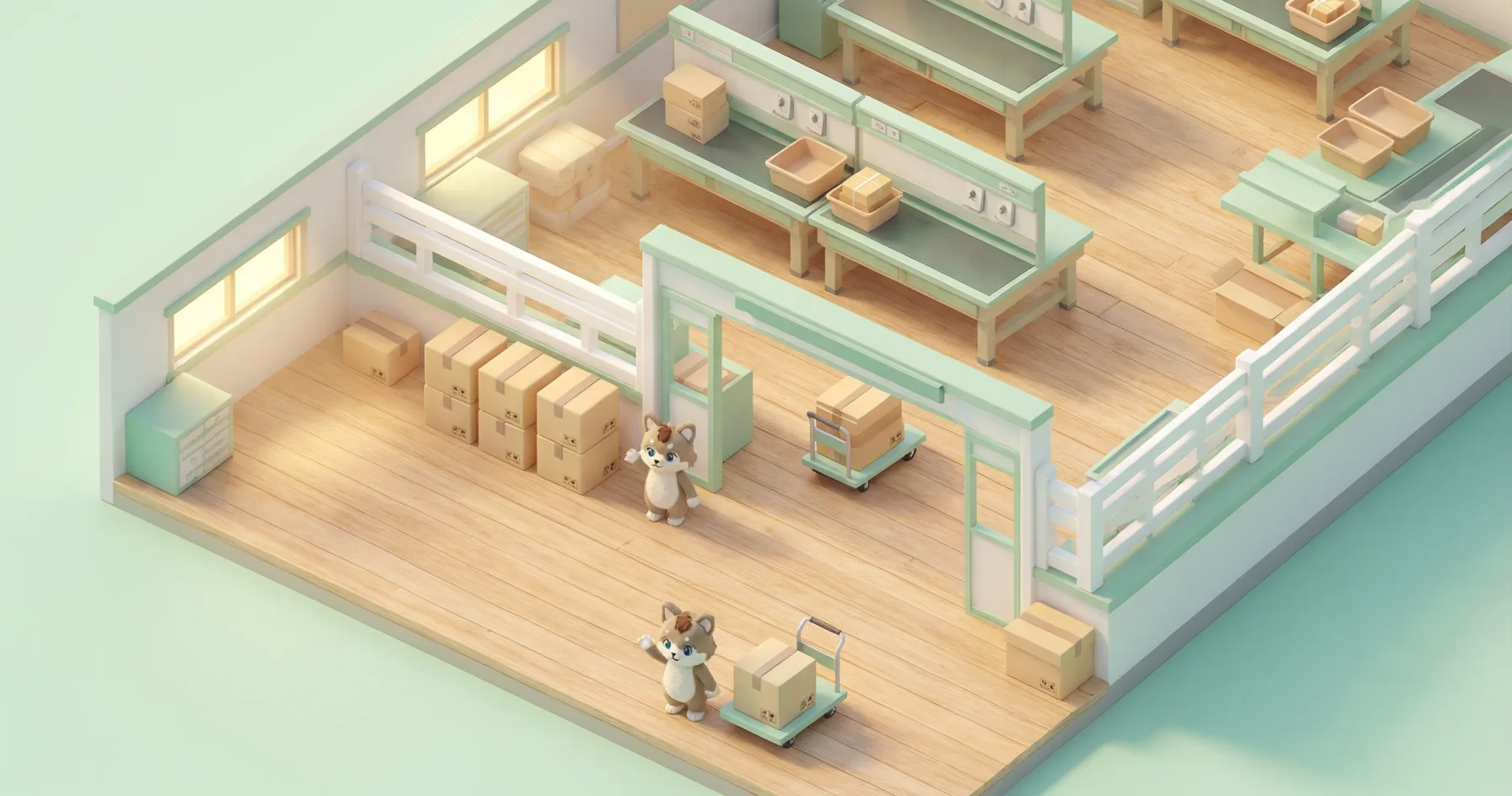 FurCare 出库流程的等距视角工坊场景